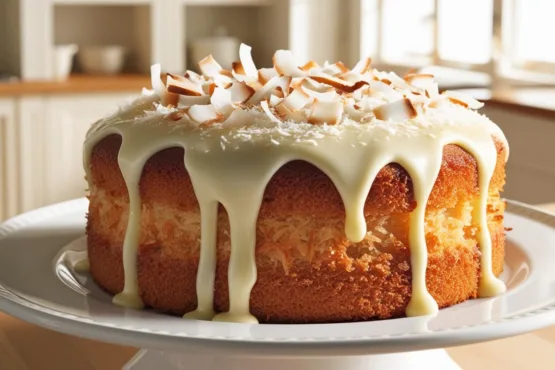 Bolo de coco com cobertura de leite condensado