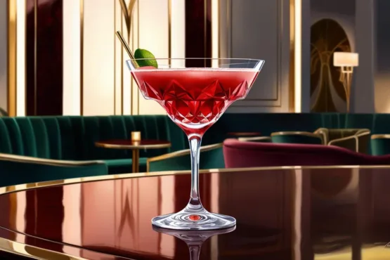 crie uma imagem de uma taça de cosmopolitan em um ambiente elegante e sofisticado com detalhes luxuosos e iluminação suave para ser utilizada como destaque na capa da receita