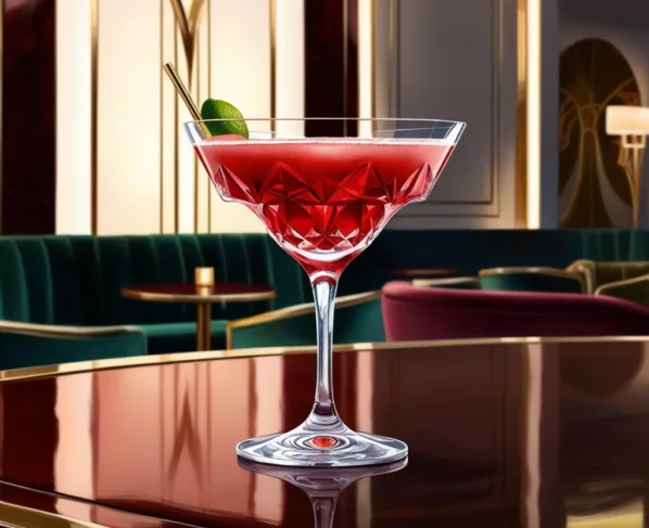 crie uma imagem de uma taça de cosmopolitan em um ambiente elegante e sofisticado com detalhes luxuosos e iluminação suave para ser utilizada como destaque na capa da receita