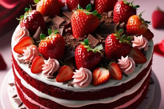 Bolo de Dia dos Namorados com Massa Red Velvet e morangos