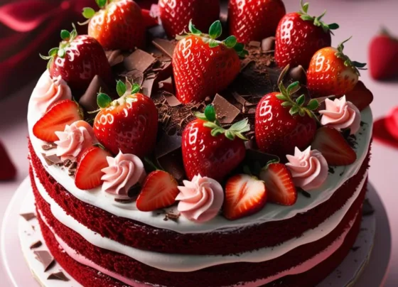 Bolo de Dia dos Namorados com Massa Red Velvet e morangos