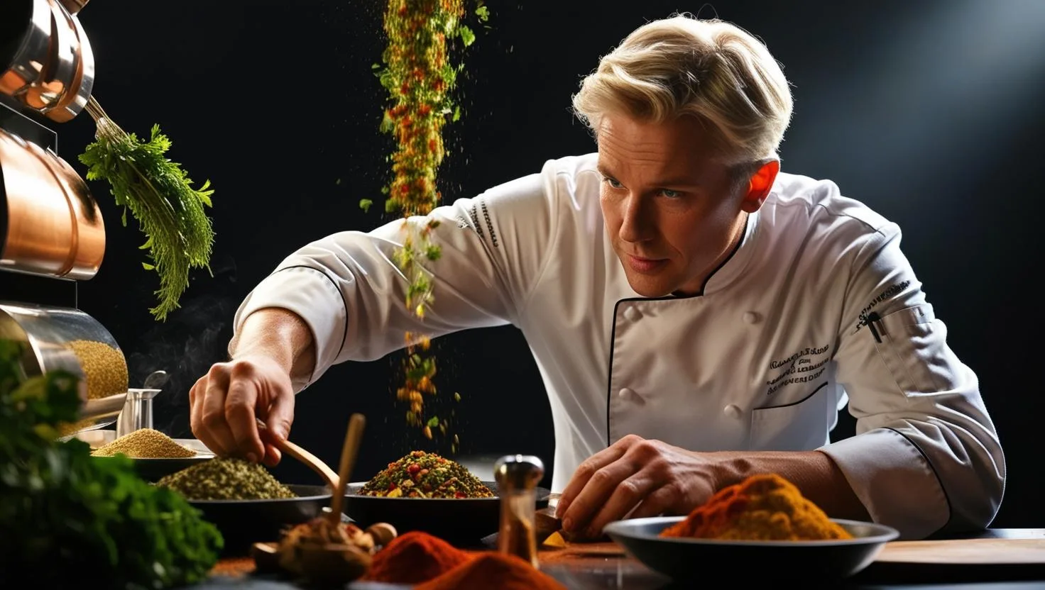 Imagem de um chef experimentando diferentes ervas e especiarias em suas receitas