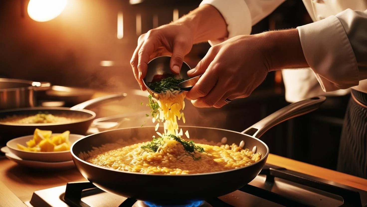 Uma ilustração do processo de adicionar os ingredientes gradualmente durante o cozimento do risoto