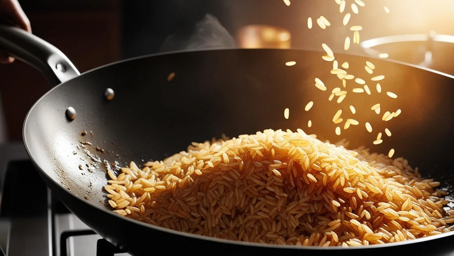 Uma ilustração mostrando a técnica de tostar o arroz antes de adicionar o caldo
