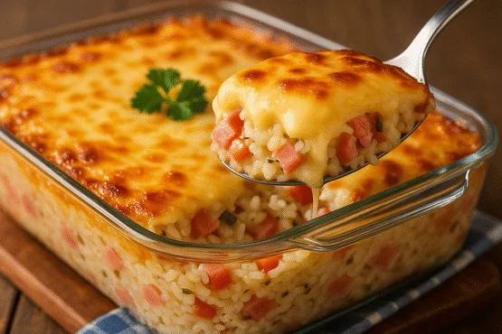 Arroz de Forno com Queijo e Presunto Delicioso e Prático