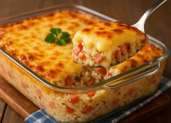 Arroz de Forno com Queijo e Presunto Delicioso e Prático