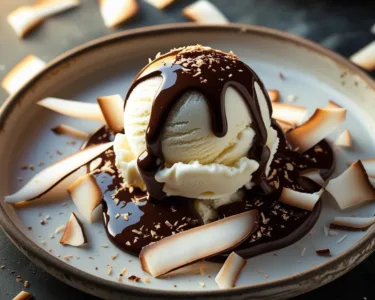Sorvete de Coco com Calda de Chocolate Amargo