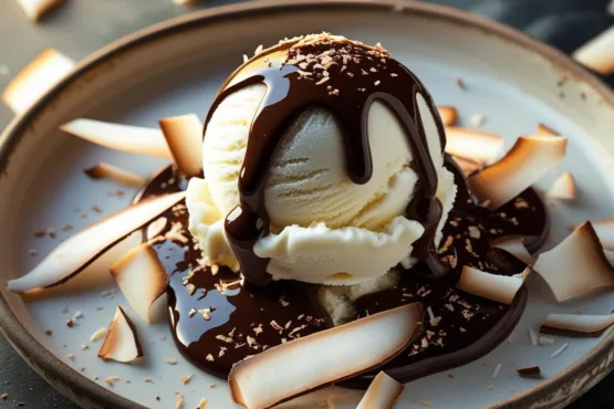 Sorvete de Coco com Calda de Chocolate Amargo