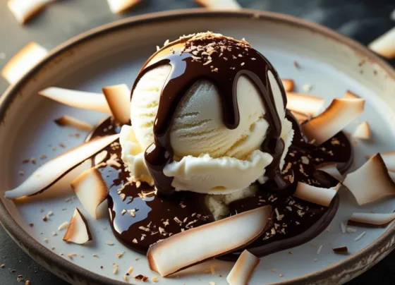Sorvete de Coco com Calda de Chocolate Amargo