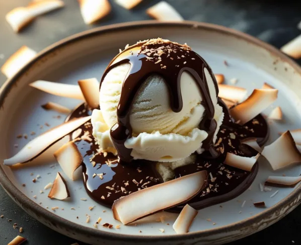 Sorvete de Coco com Calda de Chocolate Amargo