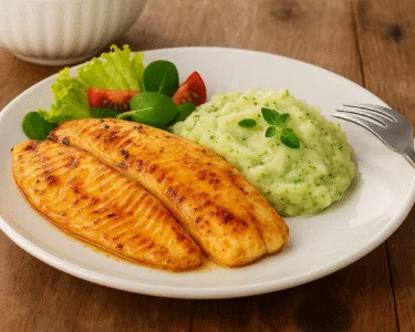 Tilapia Grelhada Delicioso Prato com Purê de Batatas e Brócolis