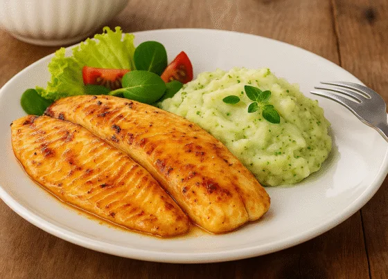 Tilapia Grelhada Delicioso Prato com Purê de Batatas e Brócolis