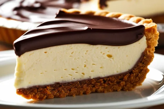 imagem realista de uma fatia de Torta Holandesa Cremosa com Chocolate e Biscoito com destaque para a textura cremosa e crocante da sobremesa gelada