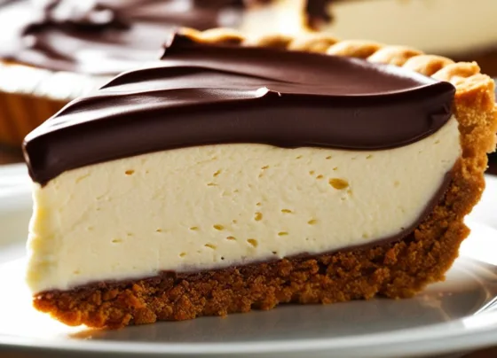 imagem realista de uma fatia de Torta Holandesa Cremosa com Chocolate e Biscoito com destaque para a textura cremosa e crocante da sobremesa gelada